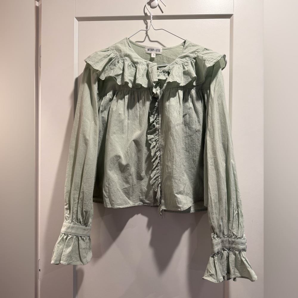 WHITEROOM+CACTUS Ruffled Collar Button-Front Cotton Blouse Light Sage Size XS